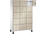 C+P Schließfachschrank Cambio, 3 Abteile, 15 Fächer, auf Füßen, B 1200 x T 525 x H 1980 mm, verkehrsweiß/Sen Esche-Dekor