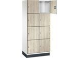 C+P Schließfachschrank Cambio, 2 Abteile, 8 Fächer, mit Sockel, B 800 x T 525 x H 1980 mm, verkehrsweiß/Sen Esche‑Dekor