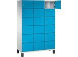 C+P Schließfachschrank Cambio, 3 Abteile, 18 Fächer, auf Füßen, B 1200 x T 525 x H 1980 mm, lichtgrau/lichtblau