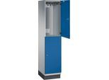 C+P Doppelstöckiger Spind Cambio, 1 Abteil, 2 Fächer, mit Sockel, B 400 x T 525 x H 1980 mm, weißaluminium/enzianblau