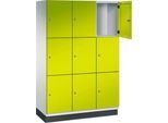 C+P Schließfachschrank Cambio, 3 Abteile, 9 Fächer, mit Sockel, B 1200 x T 525 x H 1980 mm, lichtgrau/clowngrün