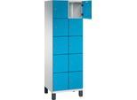 C+P Schließfachschrank Cambio, 2 Abteile, 10 Fächer, auf Füßen, B 600 x T 525 x H 1980 mm, lichtgrau/lichtblau