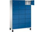 C+P Schließfachschrank Cambio, 3 Abteile, 18 Fächer, auf Füßen, B 1200 x T 525 x H 1980 mm, lichtgrau/enzianblau