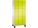 C+P Schließfachschrank Cambio, 3 Abteile, 9 Fächer, auf Füßen, B 900 x T 525 x H 1980 mm, lichtgrau/clowngrün