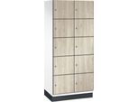 C+P Schließfachschrank Cambio, 2 Abteile, 10 Fächer, mit Sockel, B 800 x T 525 x H 1980 mm, verkehrsweiß/Sen Esche-Dekor