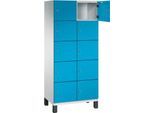 C+P Schließfachschrank Cambio, 2 Abteile, 10 Fächer, auf Füßen, B 800 x T 525 x H 1980 mm, lichtgrau/lichtblau