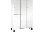 C+P Doppelstöckiger Spind Cambio, 3 Abteile, 6 Fächer, auf Füßen, B 1200 x T 525 x H 1980 mm, verkehrsweiß/weiß
