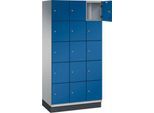 C+P Schließfachschrank Cambio, 3 Abteile, 15 Fächer, mit Sockel, B 900 x T 525 x H 1980 mm, weißaluminium/enzianblau