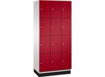C+P Schließfachschrank Cambio, 3 Abteile, 12 Fächer, mit Sockel, B 900 x T 525 x H 1980 mm, lichtgrau/rubinrot