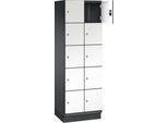 C+P Schließfachschrank Cambio, 2 Abteile, 10 Fächer, mit Sockel, B 600 x T 525 x H 1980 mm, schwarzgrau/weiß