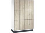 C+P Schließfachschrank Cambio, 4 Abteile, 12 Fächer, mit Sockel, B 1200 x T 525 x H 1980 mm, verkehrsweiß/Sen Esche-Dekor