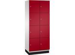 C+P Schließfachschrank Cambio, 2 Abteile, 8 Fächer, mit Sockel, B 800 x T 525 x H 1980 mm, lichtgrau/rubinrot