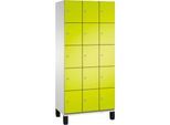 C+P Schließfachschrank Cambio, 3 Abteile, 15 Fächer, auf Füßen, B 900 x T 525 x H 1980 mm, lichtgrau/clowngrün