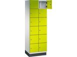 C+P Schließfachschrank Cambio, 2 Abteile, 12 Fächer, mit Sockel, B 600 x T 525 x H 1980 mm, lichtgrau/clowngrün
