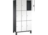 C+P Schließfachschrank Cambio, 3 Abteile, 9 Fächer, auf Füßen, B 900 x T 525 x H 1980 mm, schwarzgrau/weiß