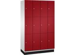 C+P Schließfachschrank Cambio, 4 Abteile, 12 Fächer, mit Sockel, B 1200 x T 525 x H 1980 mm, lichtgrau/rubinrot