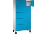 C+P Schließfachschrank Cambio, 3 Abteile, 15 Fächer, auf Füßen, B 900 x T 525 x H 1980 mm, lichtgrau/lichtblau