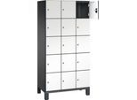 C+P Schließfachschrank Cambio, 3 Abteile, 15 Fächer, auf Füßen, B 900 x T 525 x H 1980 mm, schwarzgrau/weiß