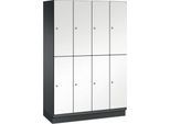 C+P Doppelstöckiger Spind Cambio, 4 Abteile, 8 Fächer, mit Sockel, B 1200 x T 525 x H 1980 mm, schwarzgrau/weiß