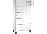 C+P Schließfachschrank Cambio, 3 Abteile, 15 Fächer, auf Füßen, B 900 x T 525 x H 1980 mm, verkehrsweiß/weiß