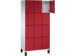 C+P Schließfachschrank Cambio, 3 Abteile, 12 Fächer, auf Füßen, B 900 x T 525 x H 1980 mm, lichtgrau/rubinrot