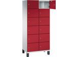C+P Schließfachschrank Cambio, 2 Abteile, 12 Fächer, auf Füßen, B 800 x T 525 x H 1980 mm, lichtgrau/rubinrot