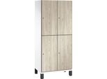 C+P Doppelstöckiger Spind Cambio, 2 Abteile, 4 Fächer, auf Füßen, B 800 x T 525 x H 1980 mm, verkehrsweiß/Sen Esche‑Dekor