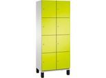 C+P Schließfachschrank Cambio, 2 Abteile, 8 Fächer, auf Füßen, B 800 x T 525 x H 1980 mm, lichtgrau/clowngrün