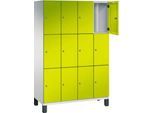 C+P Schließfachschrank Cambio, 4 Abteile, 12 Fächer, auf Füßen, B 1200 x T 525 x H 1980 mm, lichtgrau/clowngrün