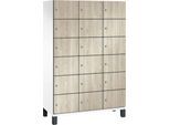 C+P Schließfachschrank Cambio, 3 Abteile, 18 Fächer, auf Füßen, B 1200 x T 525 x H 1980 mm, verkehrsweiß/Sen Esche‑Dekor
