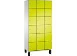 C+P Schließfachschrank Cambio, 3 Abteile, 18 Fächer, auf Füßen, B 900 x T 525 x H 1980 mm, lichtgrau/clowngrün