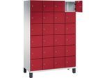 C+P Schließfachschrank Cambio, 4 Abteile, 24 Fächer, auf Füßen, B 1200 x T 525 x H 1980 mm, lichtgrau/rubinrot