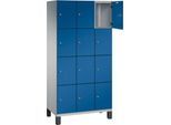 C+P Schließfachschrank Cambio, 3 Abteile, 12 Fächer, auf Füßen, B 900 x T 525 x H 1980 mm, weißaluminium/enzianblau