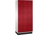 C+P Schließfachschrank Cambio, 3 Abteile, 15 Fächer, mit Sockel, B 900 x T 525 x H 1980 mm, lichtgrau/rubinrot
