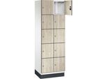 C+P Schließfachschrank Cambio, 2 Abteile, 10 Fächer, mit Sockel, B 600 x T 525 x H 1980 mm, verkehrsweiß/Sen Esche-Dekor