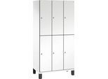 C+P Doppelstöckiger Spind Cambio, 3 Abteile, 6 Fächer, auf Füßen, B 900 x T 525 x H 1980 mm, verkehrsweiß/weiß