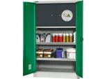 Schäfer Shop Select Gefahrstoffschrank, B 950 x T 500 x H 1585 mm, 2 Wannen inkl. WHG‑Wanne 11 Liter, Sicherheitsfach Typ 30, lichtgrau/türkisgrün