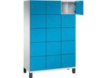 C+P Schließfachschrank Cambio, 3 Abteile, 15 Fächer, auf Füßen, B 1200 x T 525 x H 1980 mm, lichtgrau/lichtblau