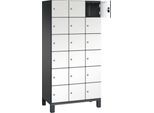 C+P Schließfachschrank Cambio, 3 Abteile, 18 Fächer, auf Füßen, B 900 x T 525 x H 1980 mm, schwarzgrau/weiß