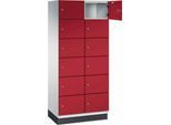 C+P Schließfachschrank Cambio, 2 Abteile, 12 Fächer, mit Sockel, B 800 x T 525 x H 1980 mm, lichtgrau/rubinrot