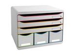 Exacompta STOREBOX Weiß/Harlekin, 6 offene Schubladen A4+ quer, 27 cm tief, leise Auszüge, Sicherheitsstopp, 25 Jahre