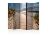 artgeist , Hellblau, Hellbraun , Holz, Kunststoff, Textil , Kiefer , massiv , Strand , 225x172x3 cm , Motiv auf Vorder- und Rückseite, Akustikschaumstoff , Kleinmöbel, Paravents