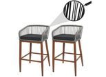2er-Set Rope-Barhocker MCW-O22, Outdoor Sitzpolster Seilgeflecht Metall Holz-Optik ~ hellgrau, Kissen dunkelgrau
