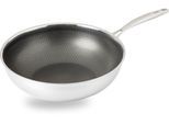 Wok HENSSLERS, silber (edelstahlfarben), B:29cm H:12,5cm L:51cm Ø:28cm, Pfannen, Wok, 3-Schicht Materia, Wabenstruktur und Antihaftbeschichtung, Induktion