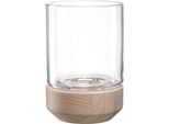 Windlicht LEONARDO "Windlicht auf Holzsockel LEGNO", beige, B:14cm H:20,9cm T:14cm, Kerzenhalter, Windlicht