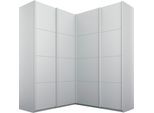Schwebetürenschrank RAUCH "Schrank Garderobe Eckkleiderschrank QUADRA Front in Dekor/Hochglanz", grau (seidengrau), B:181cm H:229cm T:187cm, Holzwerkstoff, Schränke, Schwebetürenschrank, extra großer Eckschrank inkl. Schubladeneinsatz MADE IN GERMANY