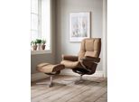 Fußhocker STRESSLESS "Mayfair", braun (latte batick), B:55cm H:41cm T:39cm, Leder BATICK: BATICK ist ein leicht korrigiertes, durchgefärbtes und genarbtes Möbelleder, bei dem die meisten Unebenheiten und Spuren in der Regel entfernt wurden., Hocker, Fußhocker, mit Cross Base, Größe S, M & L, Holzakzent Braun