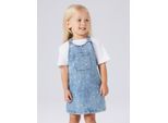 Jeanskleid NAME IT "NMFROSA SHORT DNM BIBSKIRT 3555-ON F", Mädchen, Gr. 98, N-Gr, medium blau denim aop:flower, Denim/Jeans, Obermaterial: 74% Baumwolle, 24% Polyester, 1% Elasthan, 1% Viskose, bedruckt, kurz, Kleider, Denim Baumwollmischung, zarter Allover Print
