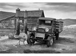 Fototapete PAPERMOON "Altes Auto Schwarz & Weiß", schwarz (schwarz, weiß), B:3m L:2,23m, Vlies, Tapeten