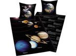 Wendebettwäsche "Sonnensystem", schwarz, B/L: 135cm x 200cm, 1 Stk., 1 Stk., Linon, B/L: 80cm x 80cm, 2 Stk., Linon, Obermaterial: 100% Baumwolle, HERDING YOUNG COLLECTION, Bettwäsche, Wendebettwäsche, mit Infotexten